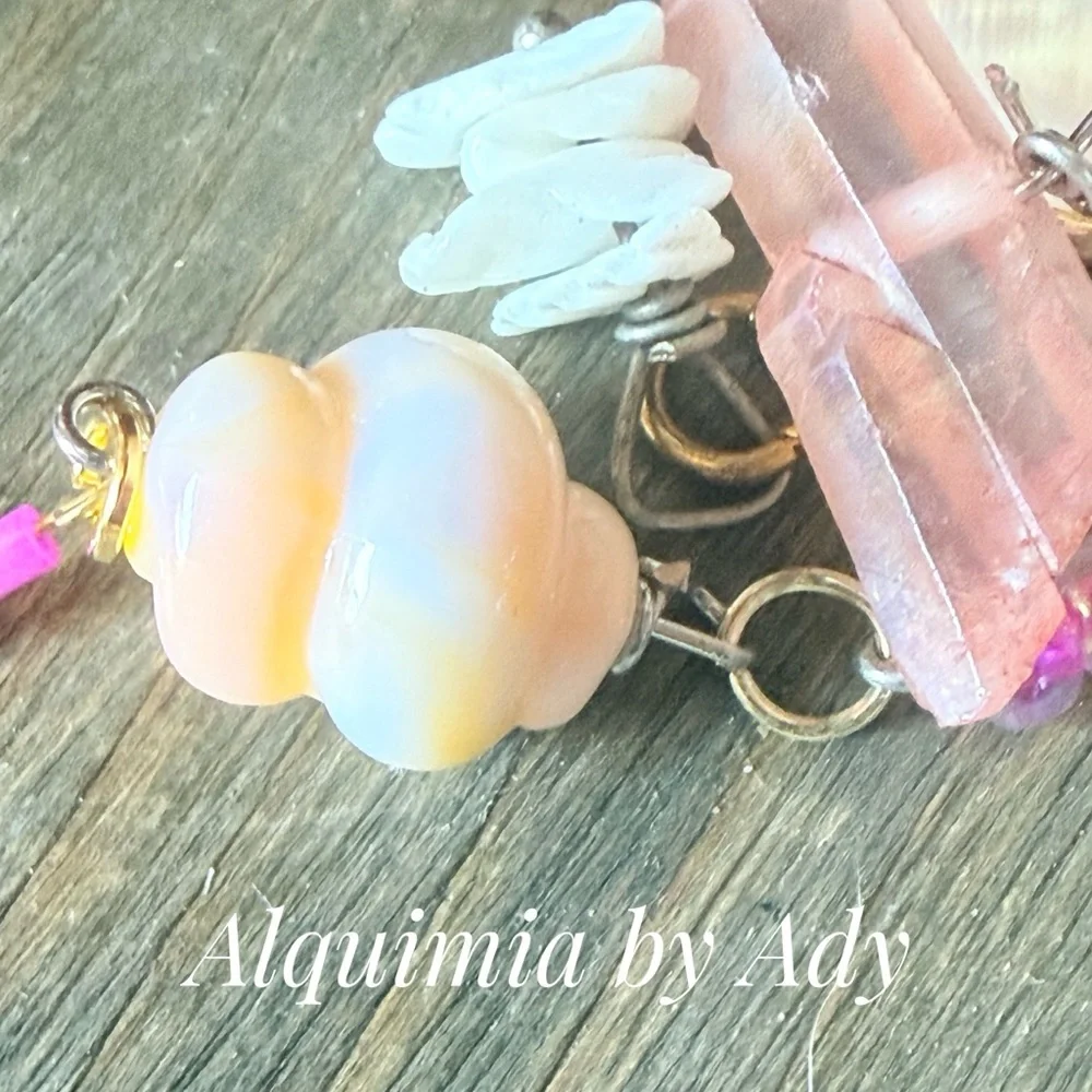 Raw cherry quartz +Gold & Heart Shell Charm Key Holder + Memories from LA PLAYA